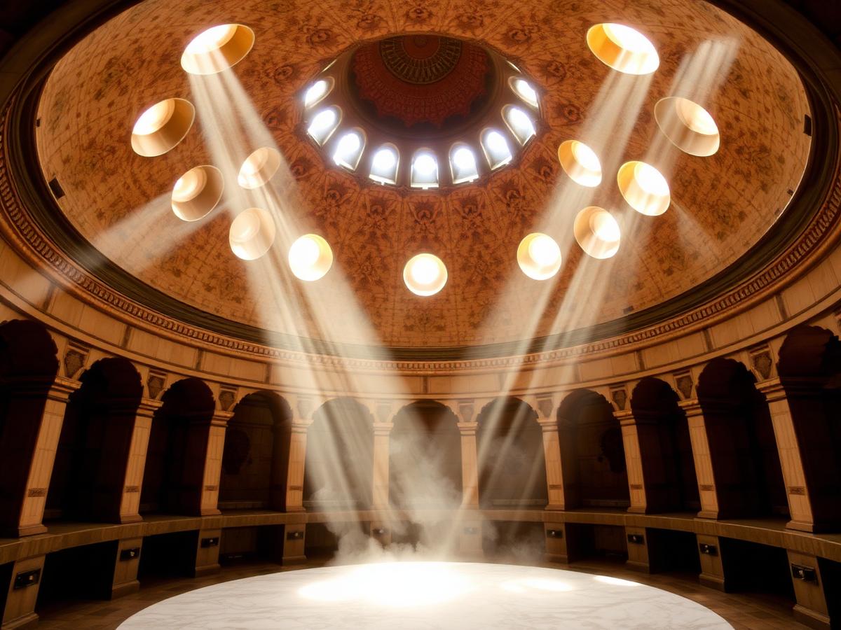 Light falling through the dome of a historic Ottoman hammam